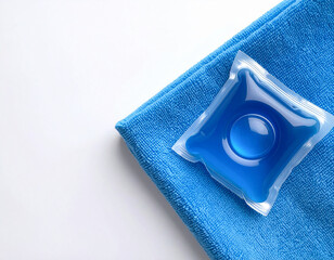 Laundry detergent pack. Soluble laundry detergent capsule on a neutral linen cloth with empty space for text.