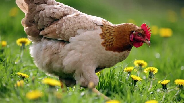 Free-range chicken foraging in a green field with dandelions. Hen pecking for food in natural daylight. Farm animal in a spring environment