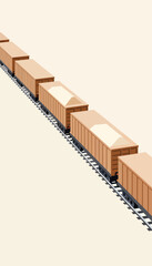 A string of open-top freight cars filled with a light-colored substance on tracks