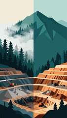 Split image foggy forest mountain above open-pit mine, with machinery