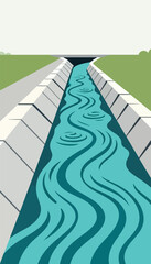 Concrete lined channel with flowing blue water under a bridge, surrounded by green