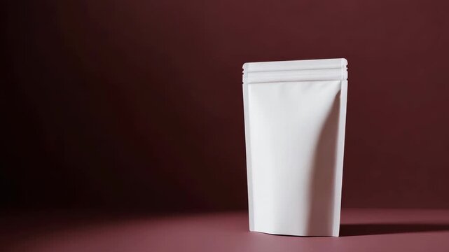 Minimalist white stand-up pouch on burgundy background for packaging design