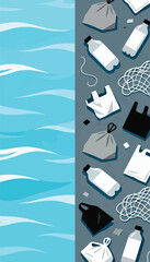 Blue waves contrast with scattered plastic waste including bags, bottles, and netting