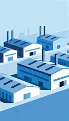 An isometric depiction of several industrial factory buildings in blue and white