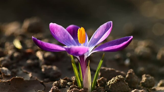 Purple crocus flower blooming time-lapse. Spring growth emerging from dry cracked soil. Nature's awakening and resilience