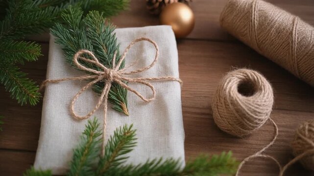 Christmas green energy eco friendly gift wrapping with reusable fabric and natural twine 
