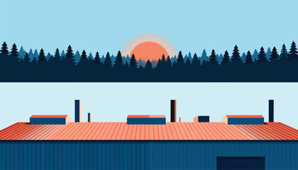 Stylized sunset over pine forest above industrial rooftops