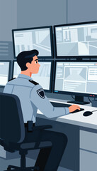 Security guard monitors multiple screens displaying CCTV feeds in a control room