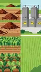 Contrasting scenes of prepared soil, nascent crops, and industrial storage tanks