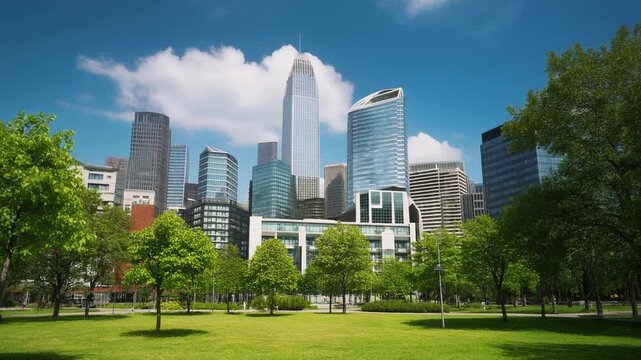City skyline with green park in foreground. Modern skyscrapers, buildings surrounded by tree.