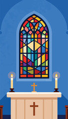 Colorful stained-glass window above an altar with candles and a cross
