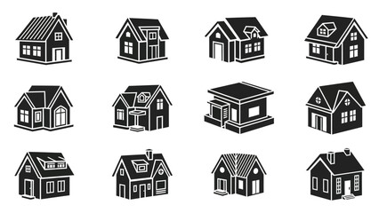 Fototapeta premium Collection of various house illustrations displayed on a white background from a straightforward viewpoint