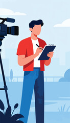 Person with clipboard and camera on tripod recording in outdoor setting