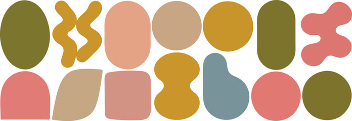 Abstract illustration with colorful geometric shapes, ovals, circles, and rectangles in olive green, mustard yellow, pink, blue, and beige, minimalist design style