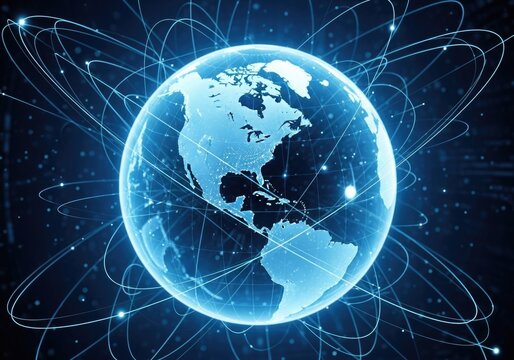 Glowing blue earth globe with interconnected digital network lines and light trails, symbolizing global connectivity and data transfer - Powered by Adobe