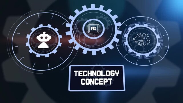 Technology concept for digital transformation with artificial intelligence, robotic icons and gear interface.