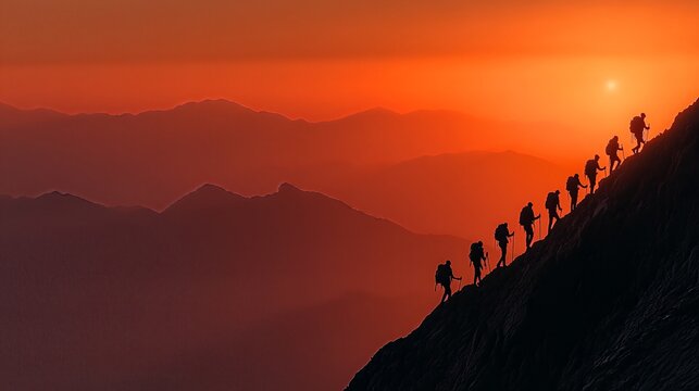 Hikers reaching mountain summit at sunset with breathtaking view of silhouetted mountains in the background and vibrant orange sky with landscape and adventure and travel with dusk - Powered by Adobe