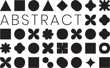 Modern abstract composition black geometric shapes including triangles, circles, and squares on white background