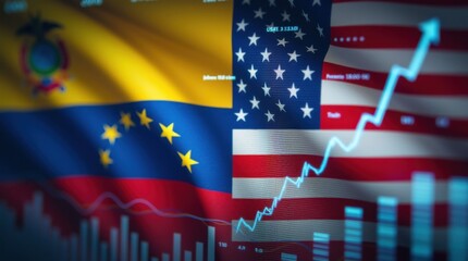 Visualización de datos financieros en pantalla dividida junto a bandera de Venezuela y Estados Unidos