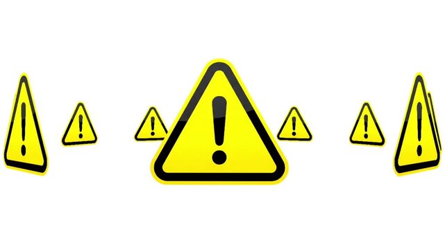 Rotating Yellow Warning Signs on White Background. 3D Animation of Exclamation Mark Icons.
