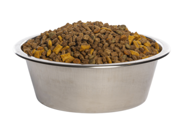 Pet food kibble filling a metal bowl for animals