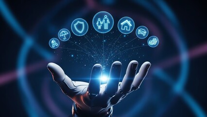 Digital hand holding glowing insurance icons representing various protection services against a futuristic network background.