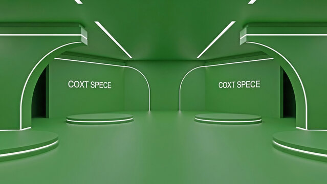 Green futuristic room with illuminated arches and circular platforms labeled C O X T S P E C E