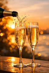 Champagne pouring into flutes at sunset
