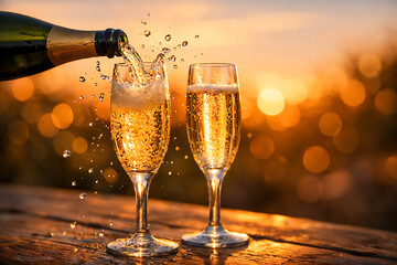 Champagne pouring into flutes at sunset