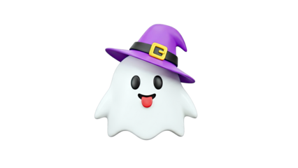 Cute Ghost Wearing a Purple Witch Hat with Tongue Out
