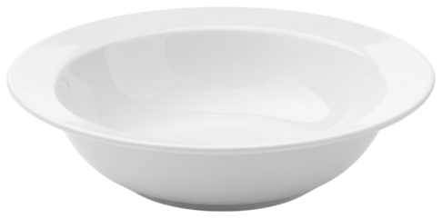Empty white ceramic soup plate with deep rounded bottom design isolated on a transparent background