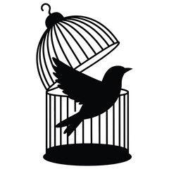 Fototapeta premium Freedom and Liberation Concept – Flying Bird Escaping Open Cage, Symbol of Hope, Freedom, Independence, and New Beginnings in Minimal Black Silhouette Design