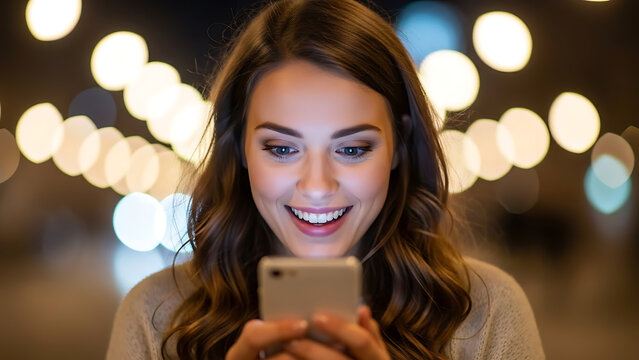 Captivating Glance: A young woman, engrossed in her phone, her eyes reflecting the digital world's allure, as soft bokeh lights create an atmospheric backdrop.