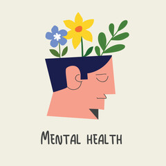 Mental Health Concept Illustration with Human Head and Flowers
