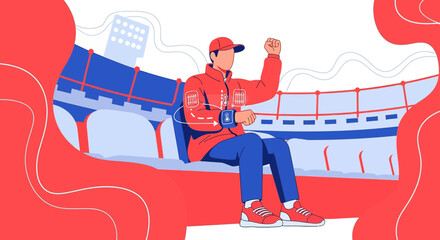 Passionate spectator monitoring game updates through wearable tech in stadium seat