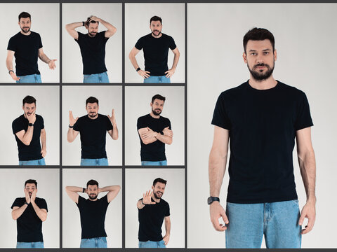 A map of human emotions. Handsome Caucasian 35 years old man in black T-shirt shows different feelings and gestures.