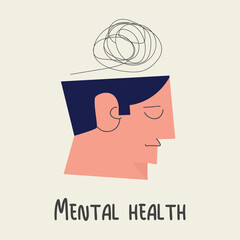 Mental Health Concept Illustration with Anxious Thoughts and Calm Face.