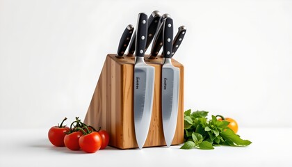 A neatly arranged set of knives on a wooden block placed on a surface with fresh produce in the background, suggesting a culinary setting.