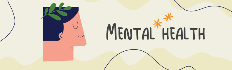 Mental Health Concept Banner with Calm Male Portrait and Nature Elements