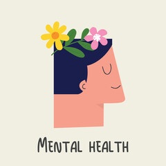 Mental Health Concept Illustration with Human Head and Flowers
