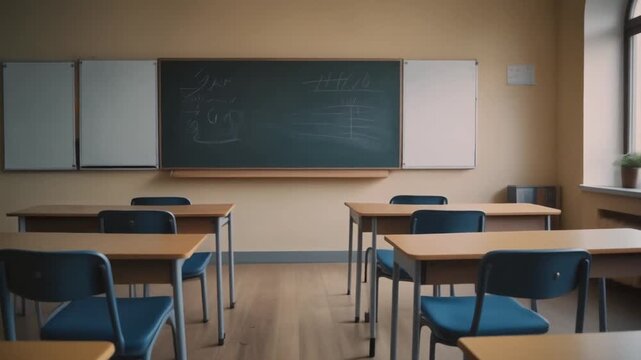 empty classroom with a chalk board and chairs
