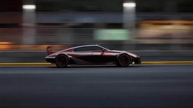 Fast and powerful racing car in motion, moving along street with blurred lights in the dark..