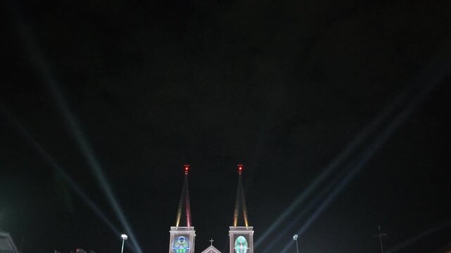 Colorful Cathedral Light Projection at Night, Real Video Footage Shot with Camera	
