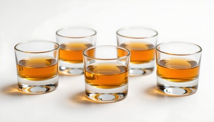 A collection of four whiskey glasses filled with amber liquid, set against a plain background.