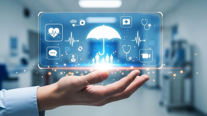 Digital health insurance concept with hand holding futuristic interface in medical setting.