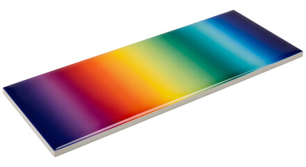 A rectangular glossy surface showcases a vibrant color gradient, smoothly transitioning across the spectrum from dark blue to violet, red, yellow, and green