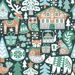Seamless vector pattern with woodland animals. Cute deer, bear, fox, owl, squirrel and bird. Winter village with chalet and snowy pine trees. Scandinavian Christmas illustration. 