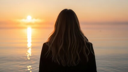 Fototapeta premium Back view of a person watching the sunrise at the beach