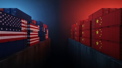 Shipping containers with US and Chinese flags facing each other, symbolizing trade relations and geopolitical tensions between the two nations.