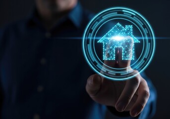 A persons finger touching a glowing blue digital house icon within a circular interface, representing smart home technology and connectivity